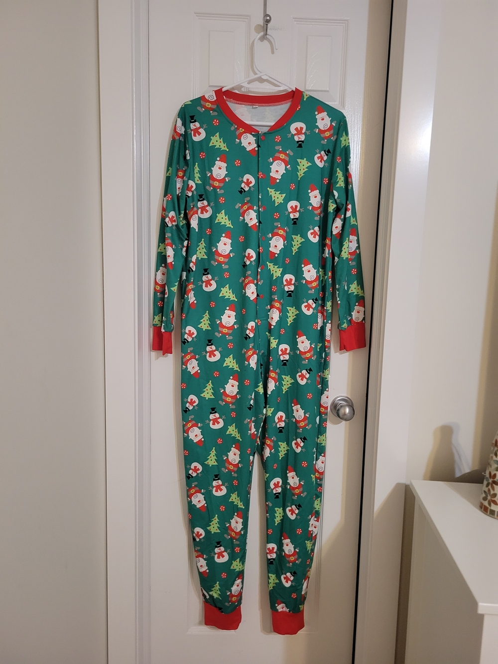Green Women Chrismas Onesie Pajamas with Red Trim Size  L